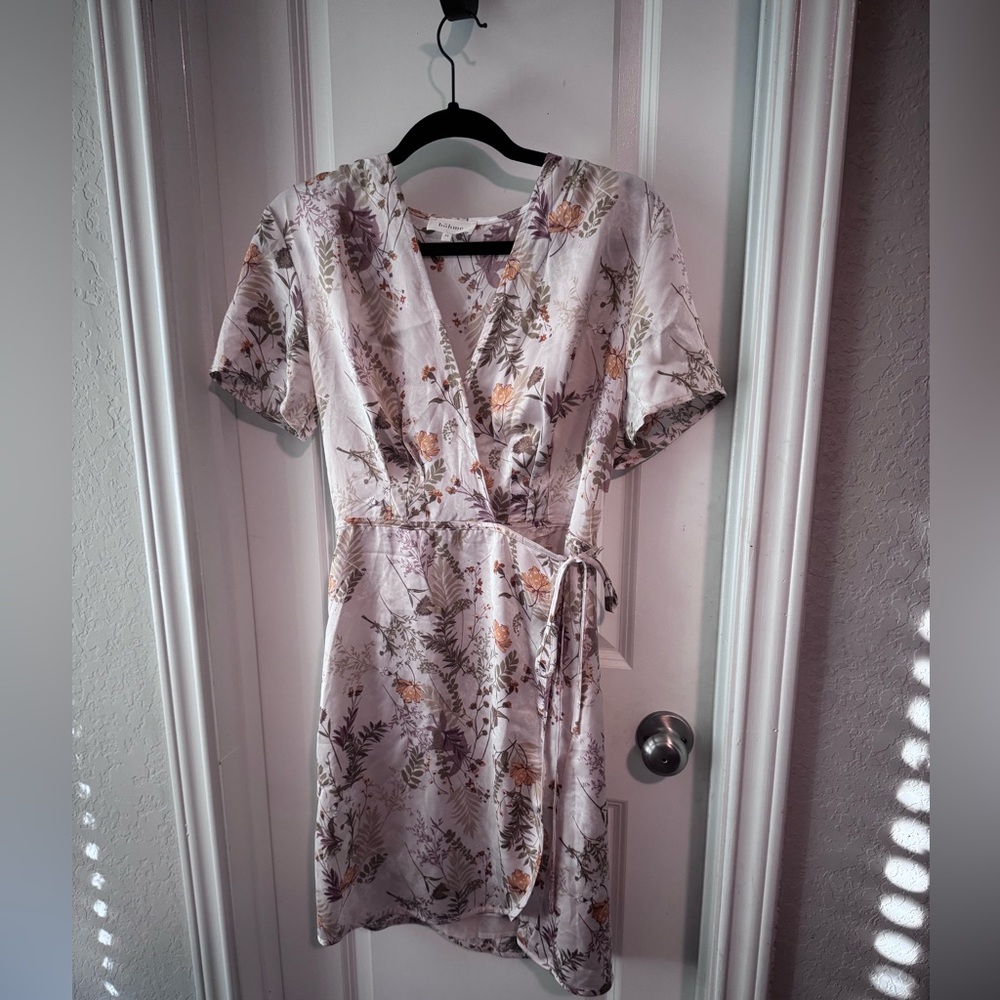 Bohme Pink and Gray Flutter Sleeve Wrap Sundress